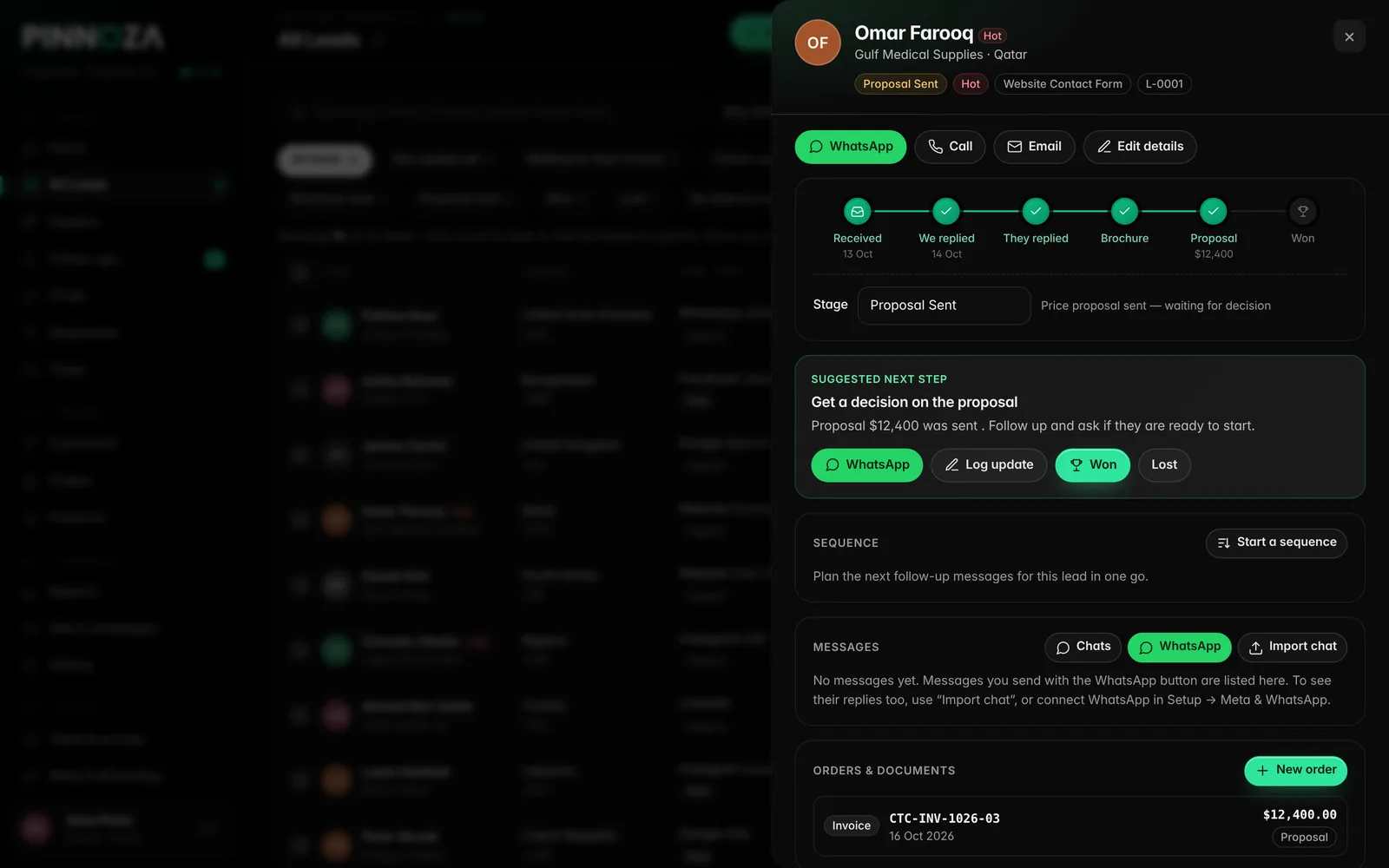 A lead profile with suggested next step and WhatsApp buttons