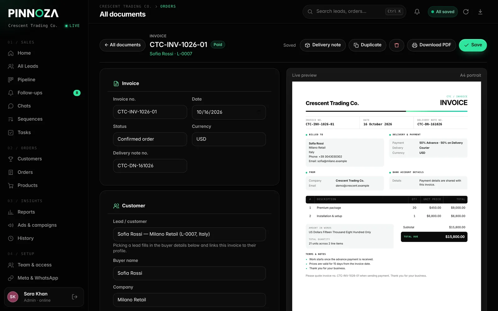 Invoice editor with live A4 preview