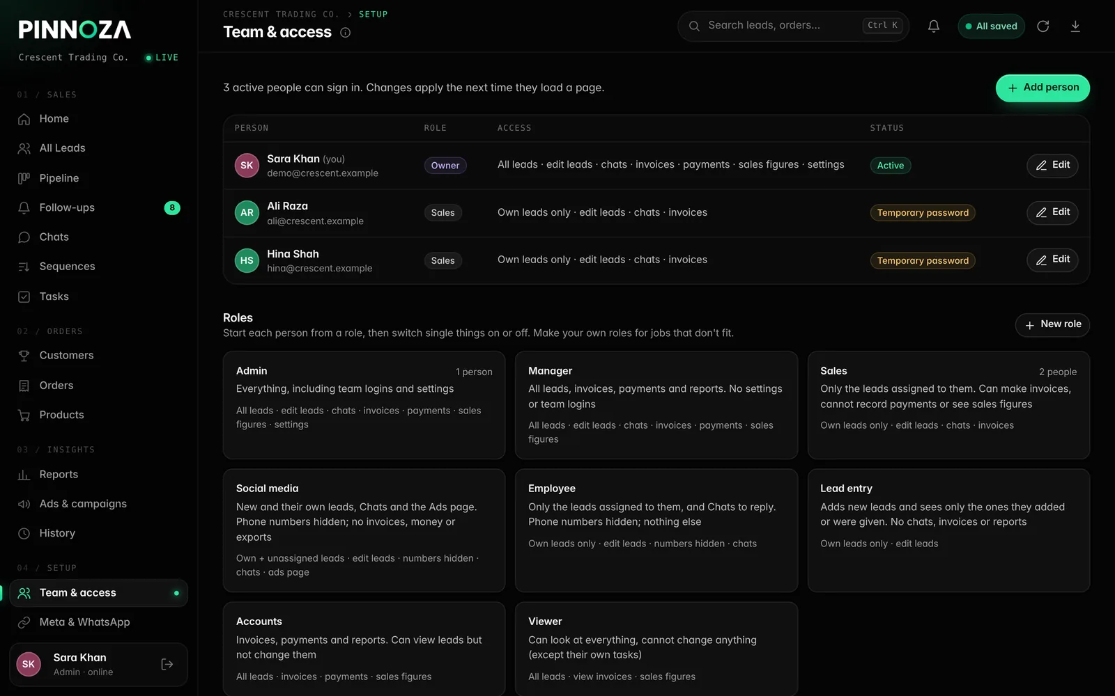 Team and access settings with roles